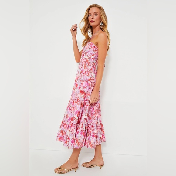 Tuckernuck Hyacinth House Dress Women's Medium Pink Red Floral‎ Tiered Midi - Picture 7 of 13
